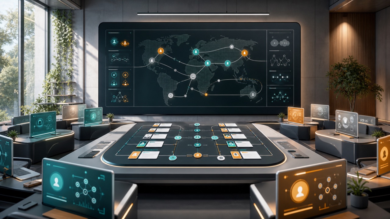 A modern AI specialist roster planning workspace with workflow boards and abstract agent stations.